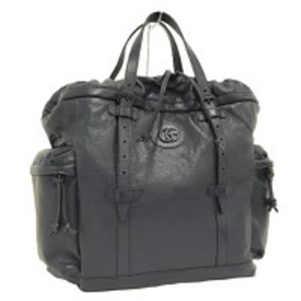 GUCCI Double GG Drawstring Tote Bag Leather Navy Blue